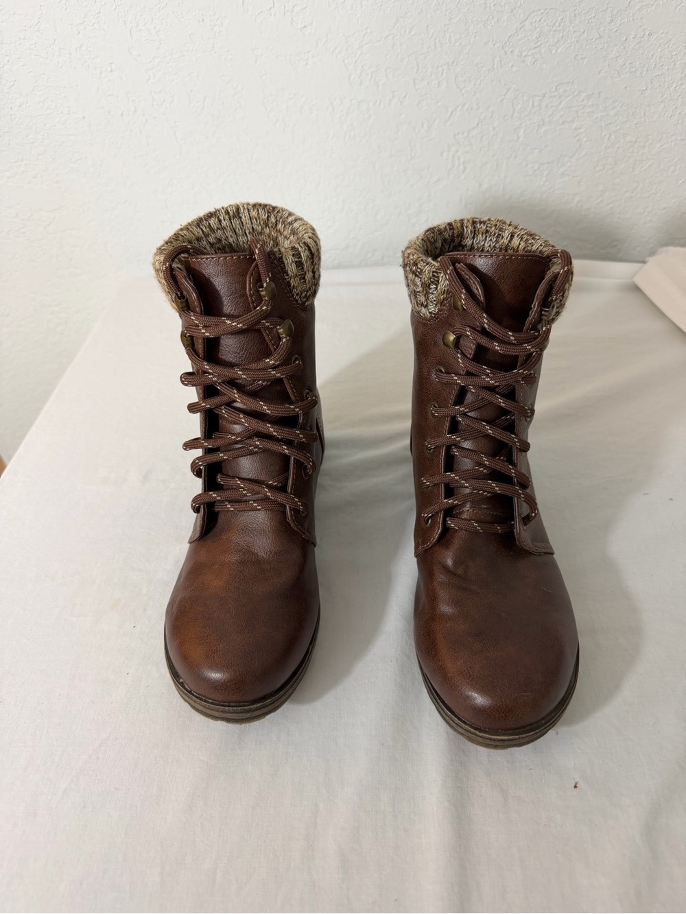 JustFab Brown Lace-Up Ankle Boots with Knit Cuff